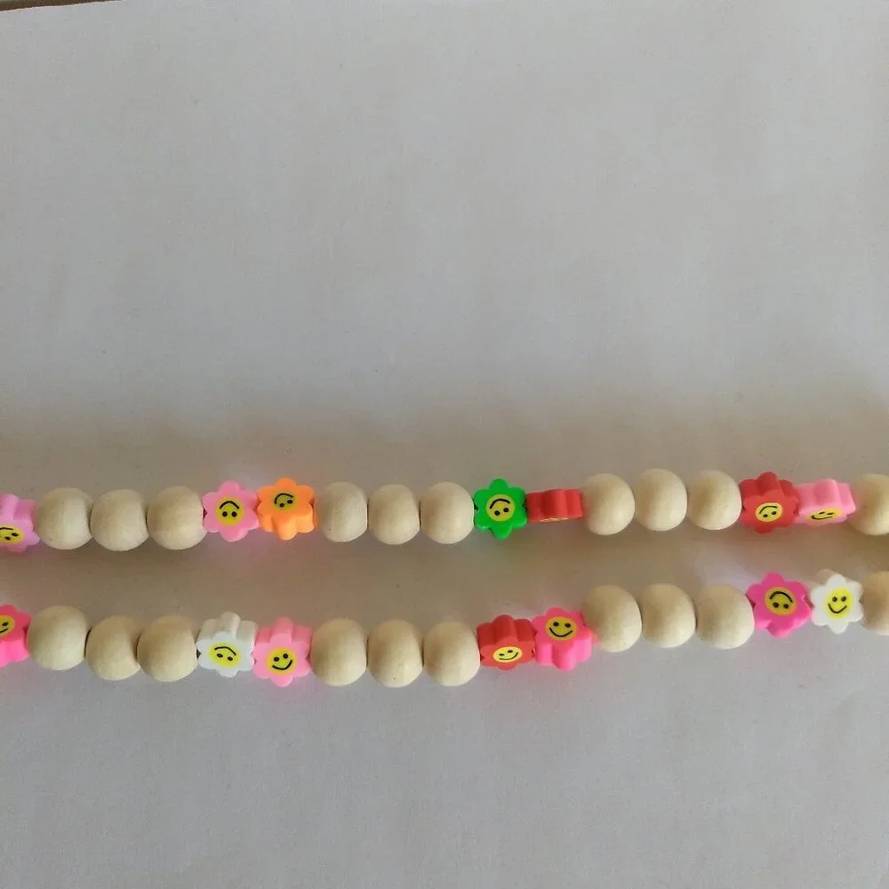 Wooden Bead Smiley Flower Lanyard Keychain Kidcore Fun Colorful Modern Utility